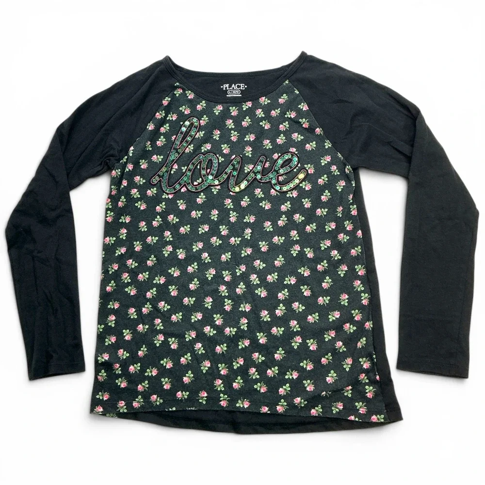 The Children's Place Black Floral Love Sequin Raglan Top Kids Size L 10/12